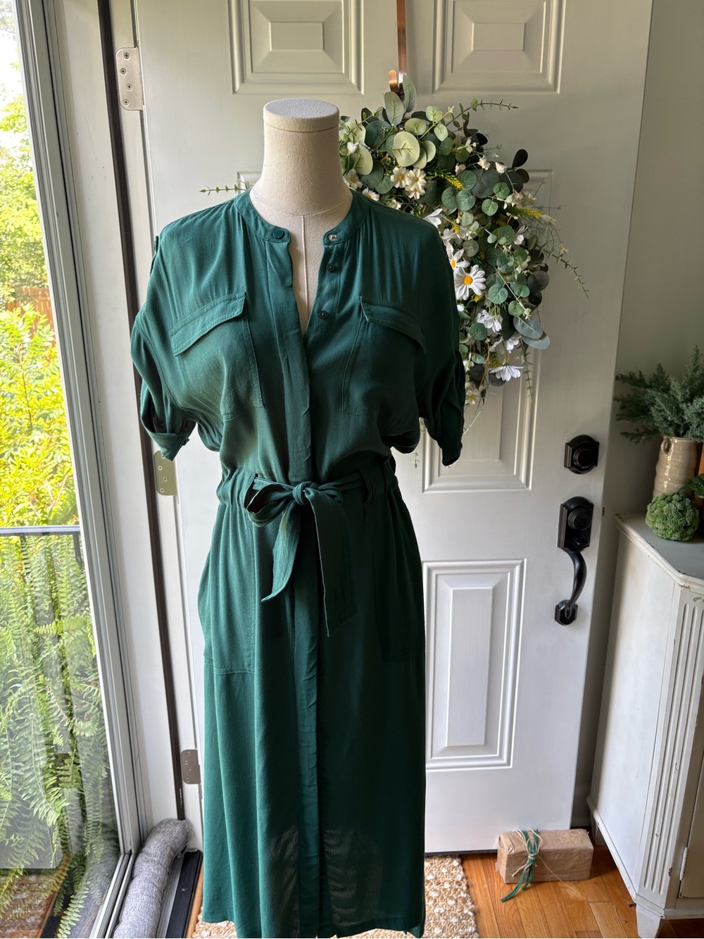 Calvin Klein Deep Green Tie-Waist Midi Shirt Dress
